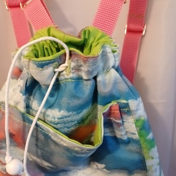 New Rainbow Clouds print Mini Backpack Sling Bag Pink Blue Green Drawstring tote - Picture 5 of 9